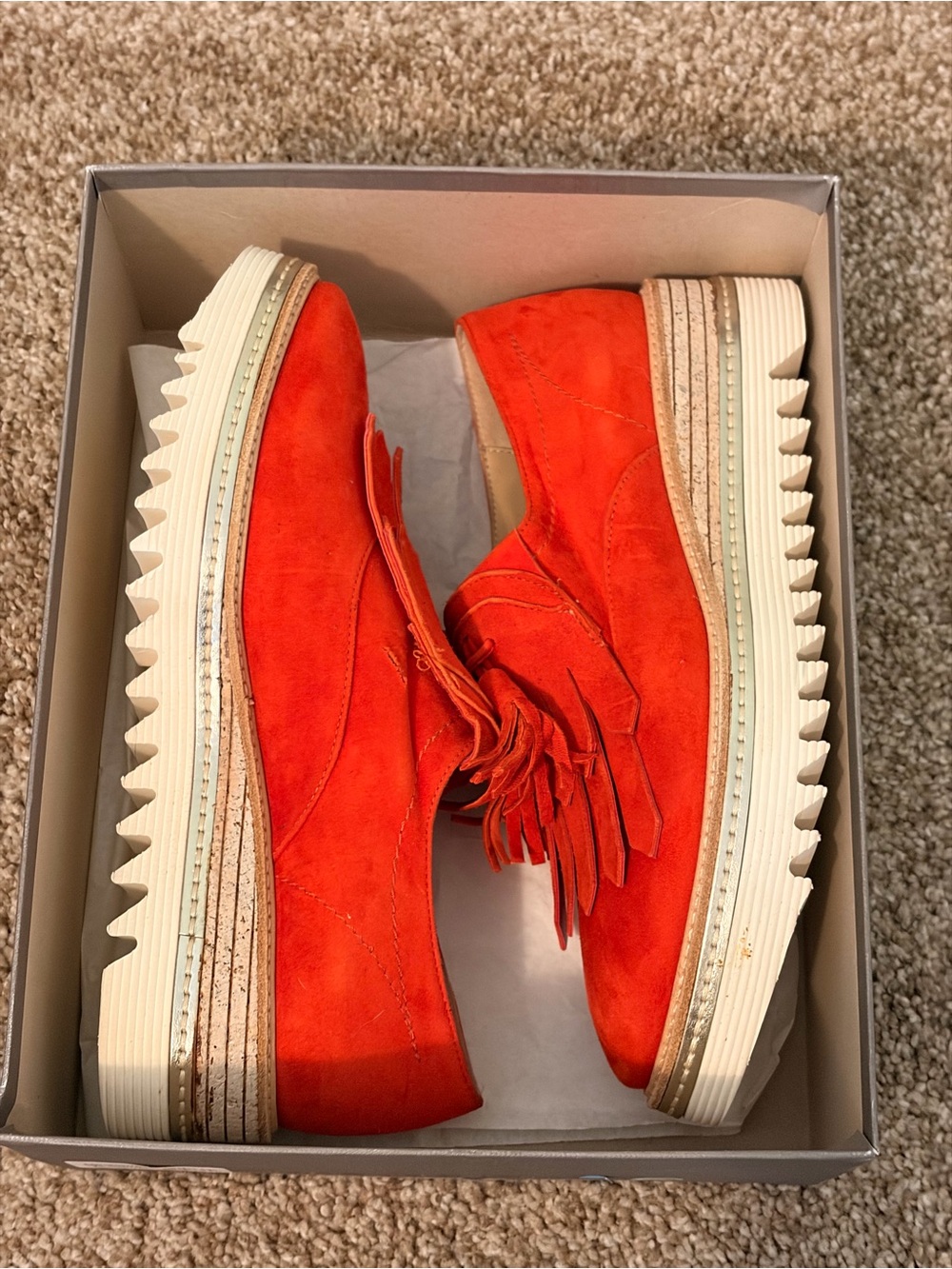 NIB Laura Bellariva Women’s Suede Fringe Platform Loafers in Bright Orange